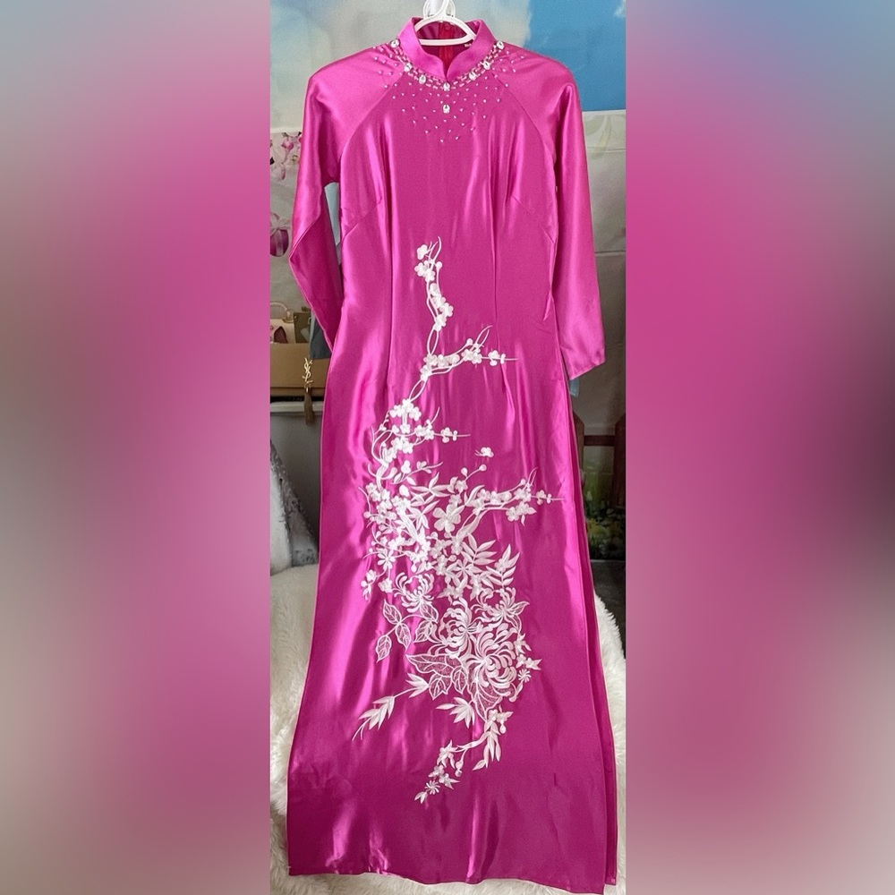 Ao dai lua Valentino, New Vietnamese women’s traditional long dress top m 2 pink